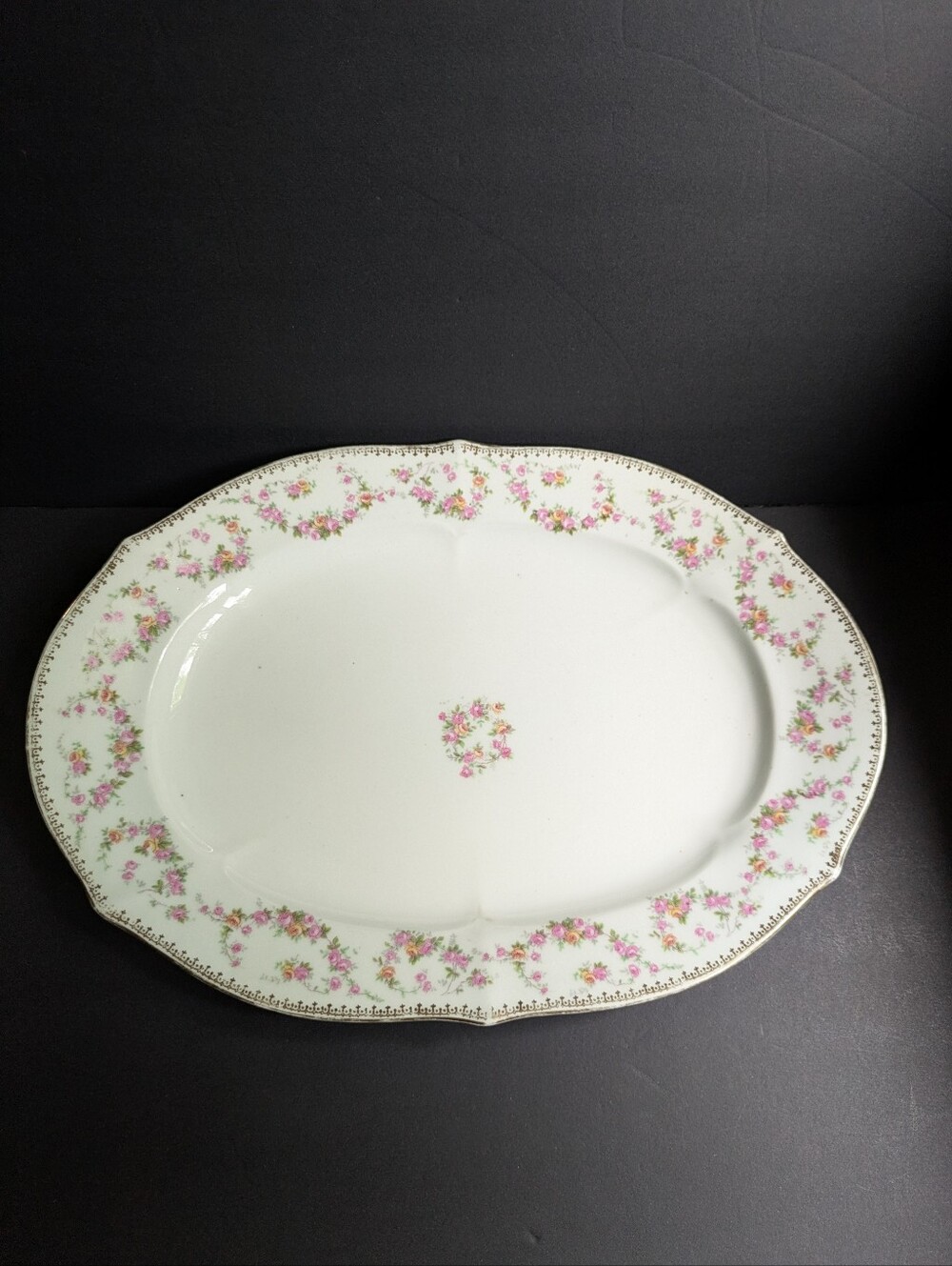 Vintage Bridal Rose Large Oval Serving Platter 15" Classic Pink Floral Swags